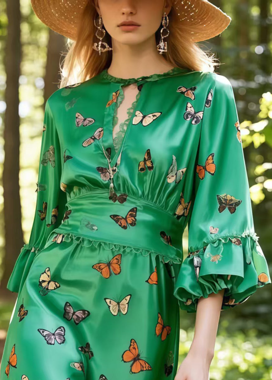 Fashion Tea Green Butterfly Silk Day Dress Lantern Sleeve