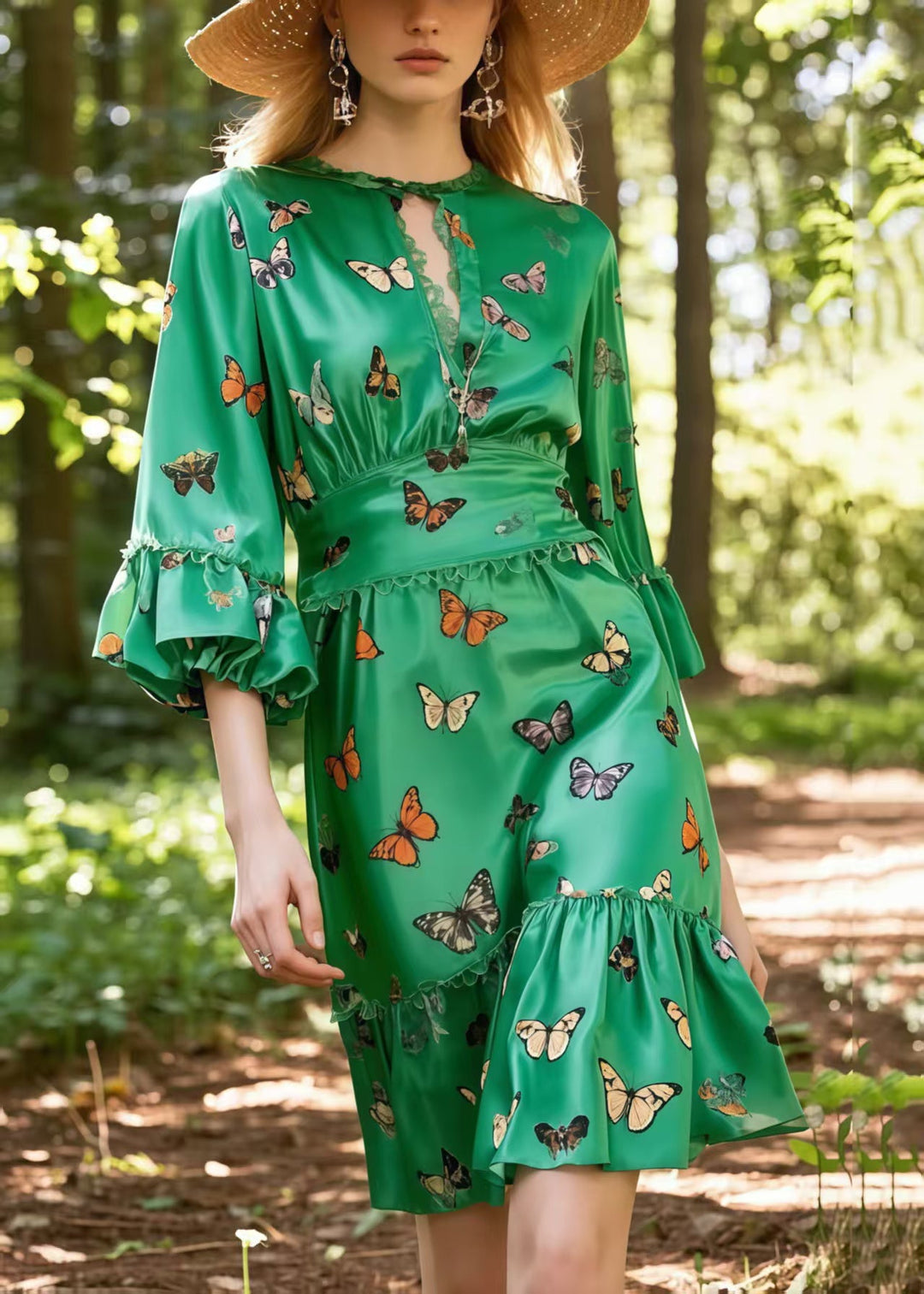 Fashion Tea Green Butterfly Silk Day Dress Lantern Sleeve