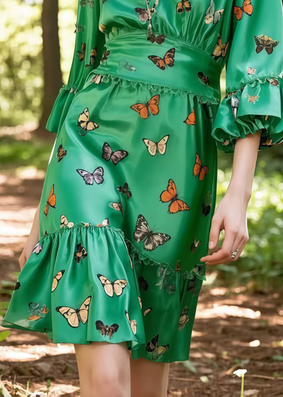 Fashion Tea Green Butterfly Silk Day Dress Lantern Sleeve