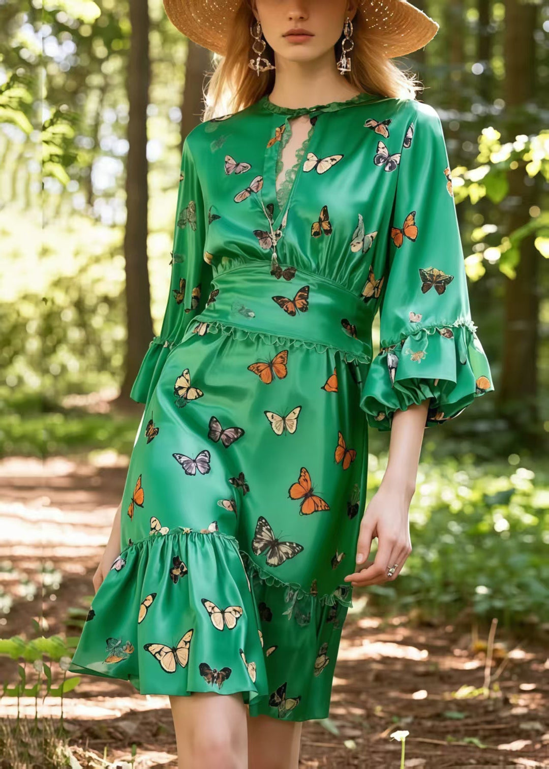 Fashion Tea Green Butterfly Silk Day Dress Lantern Sleeve