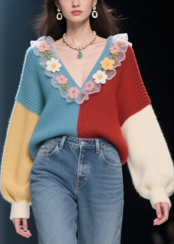 Fashion V Neck Ruffled Floral Knit Sweaters Winter