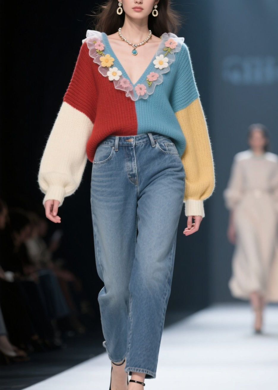 Fashion V Neck Ruffled Floral Knit Sweaters Winter