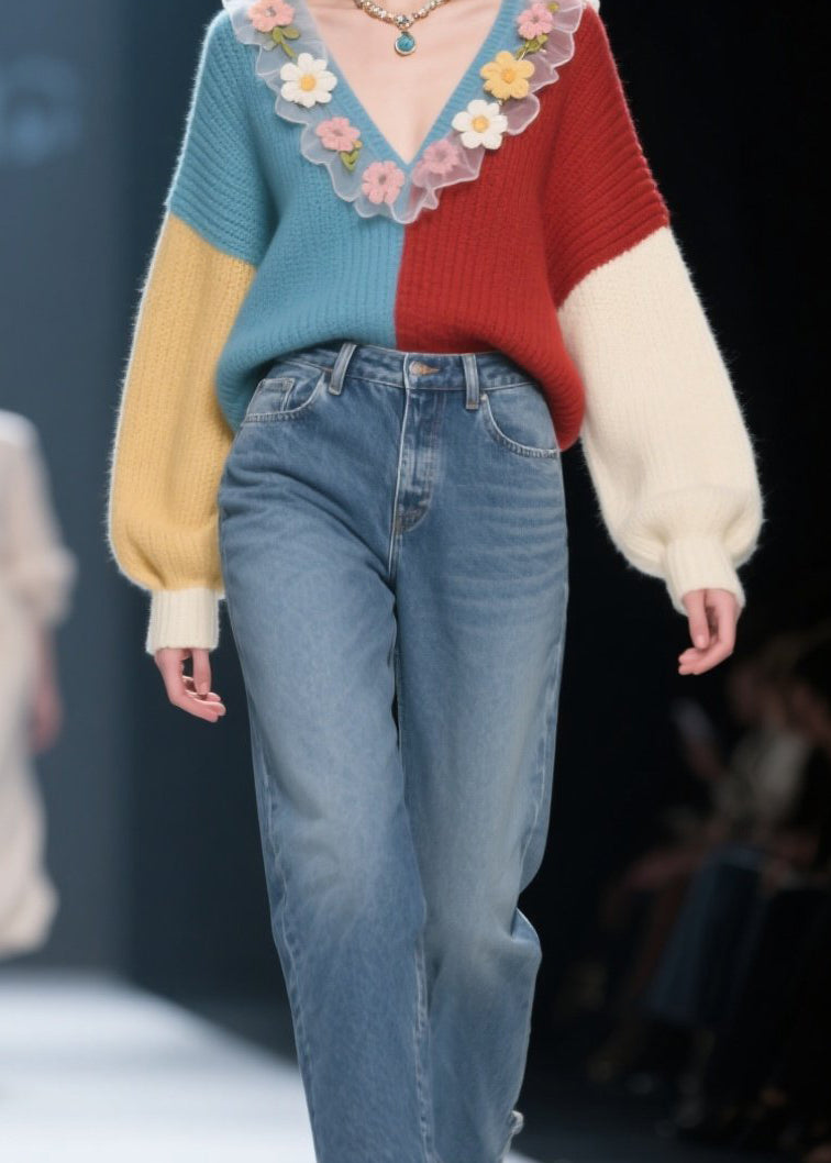 Fashion V Neck Ruffled Floral Knit Sweaters Winter