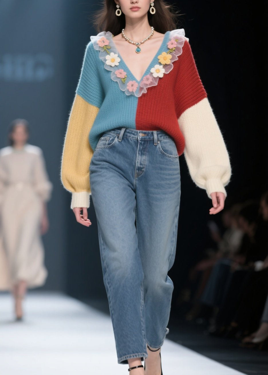 Fashion V Neck Ruffled Floral Knit Sweaters Winter