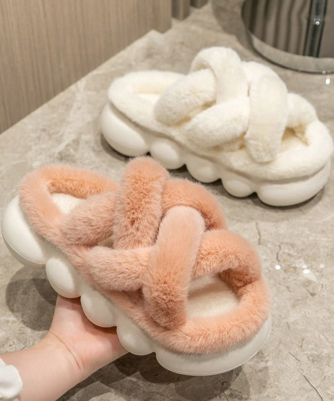 Fashion White Fuzzy Fur Slippers Shoes Platform