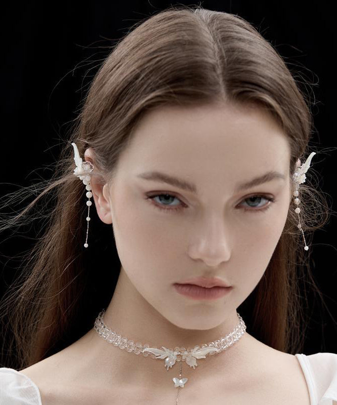 Fashion White Srerling Silver Butterfly Wings Tassel Drop Earrings