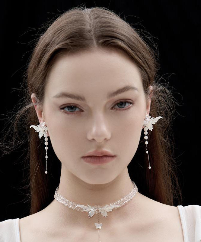 Fashion White Srerling Silver Butterfly Wings Tassel Drop Earrings