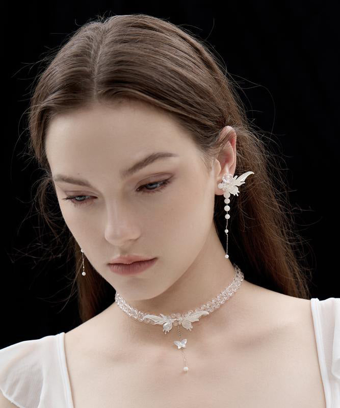 Fashion White Srerling Silver Butterfly Wings Tassel Drop Earrings