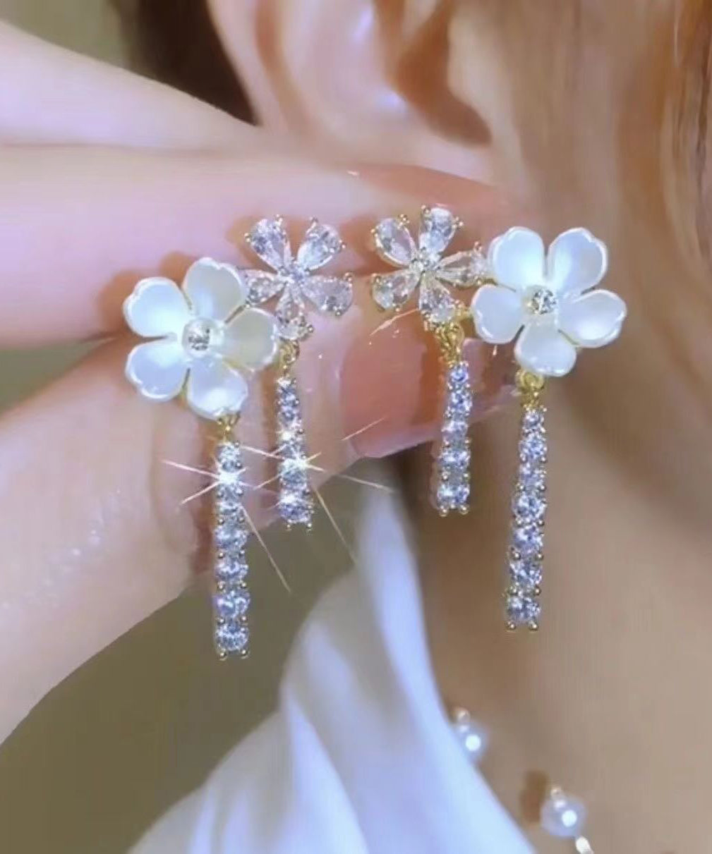 Fashion White Sterling Silver Overgild Zircon Pearl Floral Drop Earrings