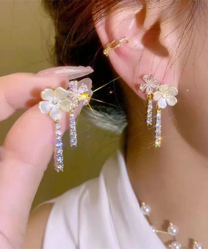 Fashion White Sterling Silver Overgild Zircon Pearl Floral Drop Earrings