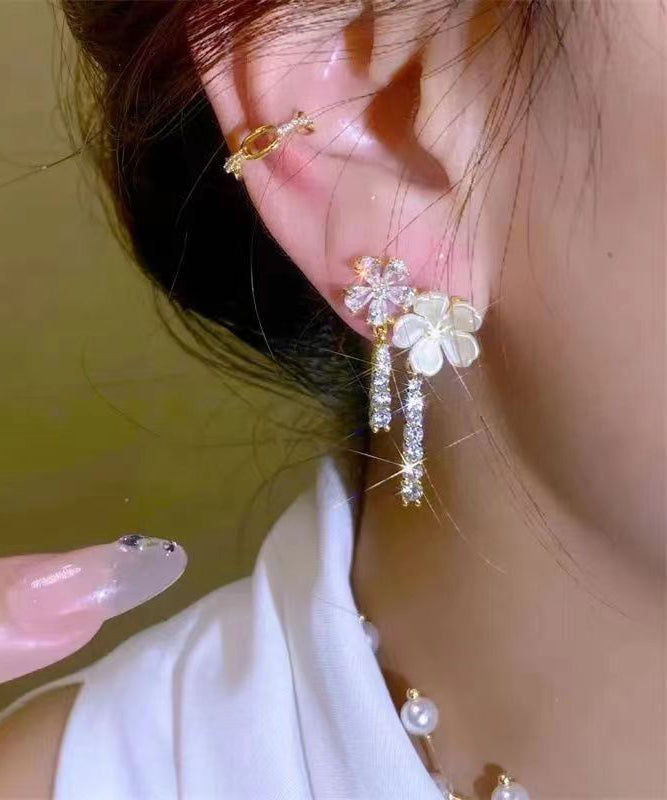 Fashion White Sterling Silver Overgild Zircon Pearl Floral Drop Earrings