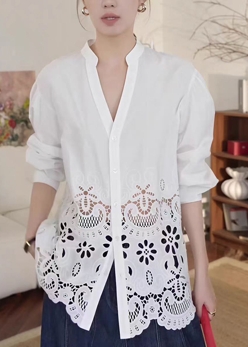 Fashion White V Neck Hollow Out Cotton Blouse Tops Fall
