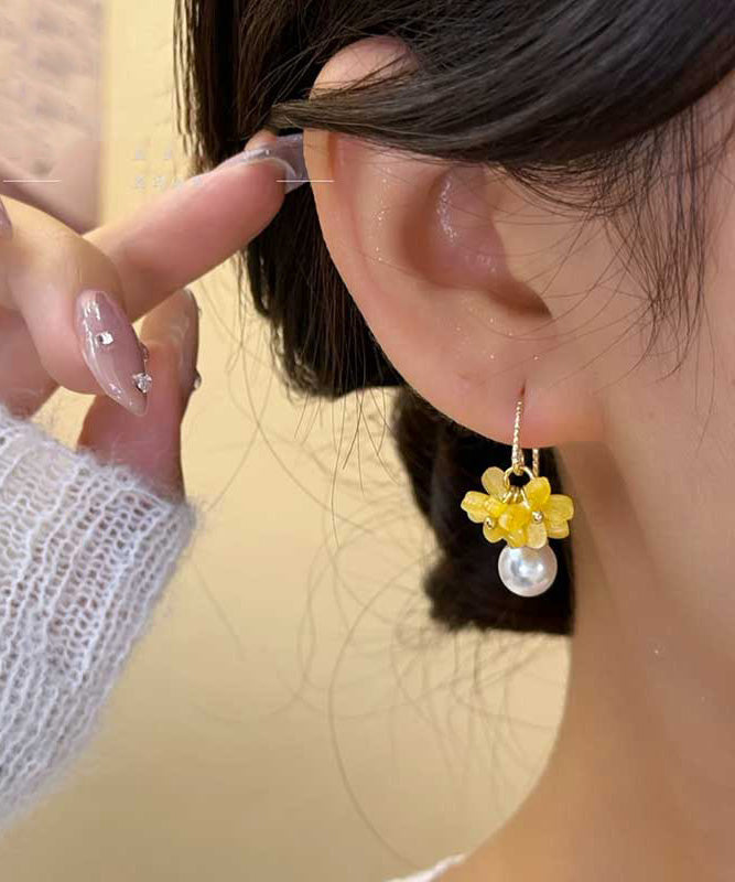 Fashion Yellow Acrylic Alloy Pearl Floral Hoop Earrings