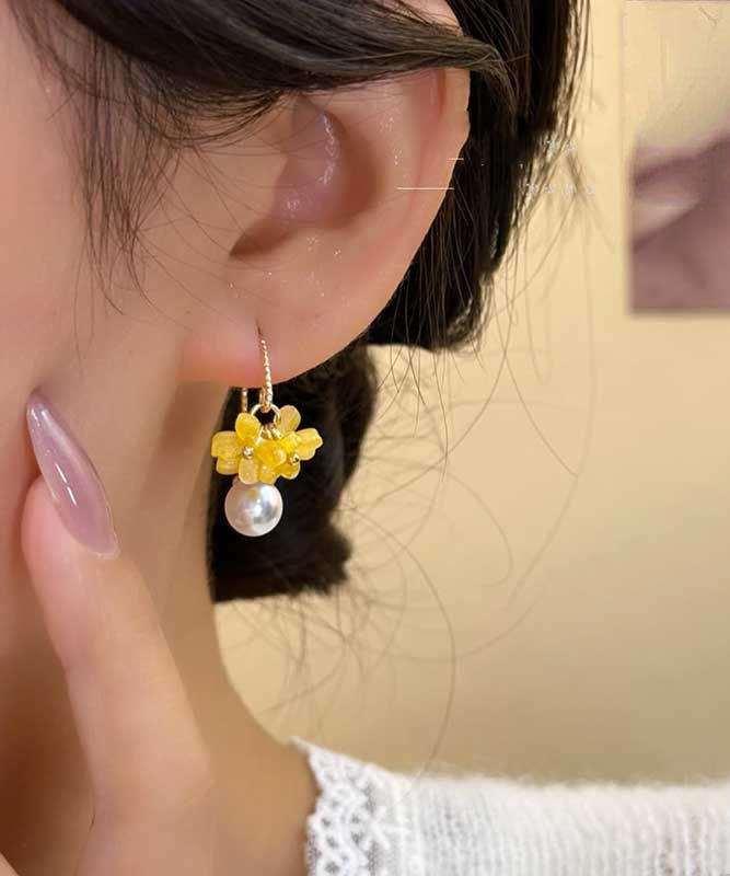 Fashion Yellow Acrylic Alloy Pearl Floral Hoop Earrings