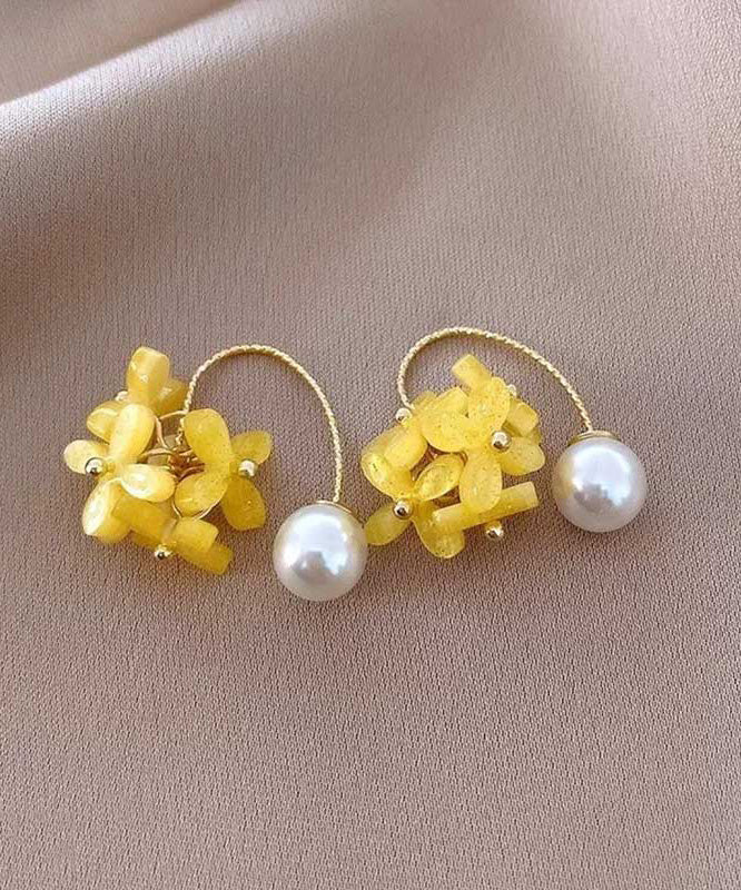 Fashion Yellow Acrylic Alloy Pearl Floral Hoop Earrings