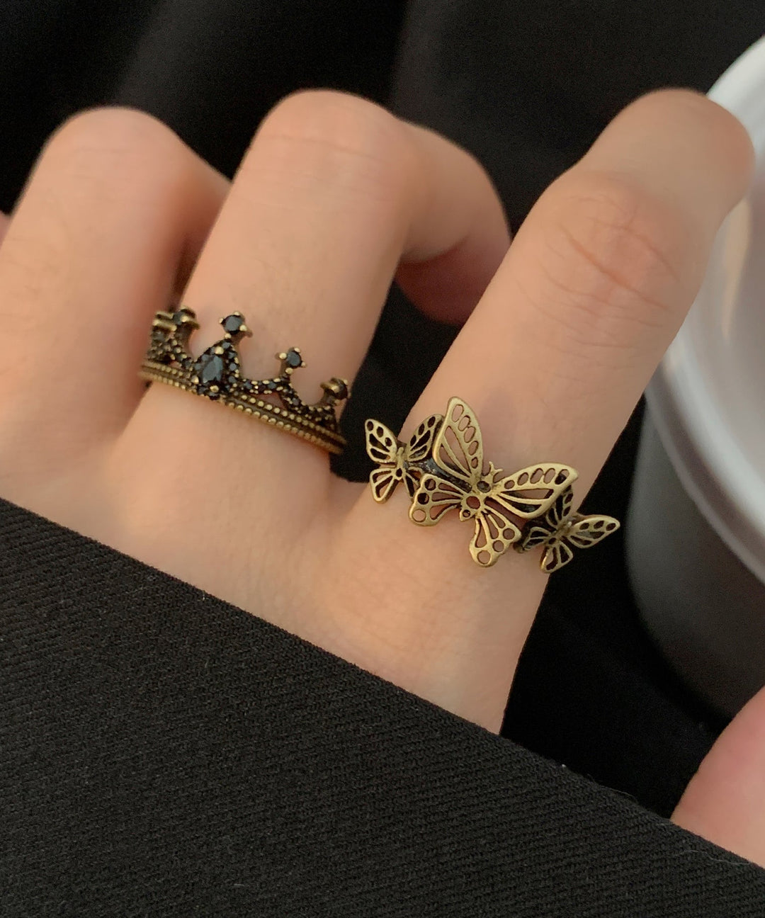 Fine Ancient Gold Metal Butterfly Crown Hollow Out Rings Two Piece Set