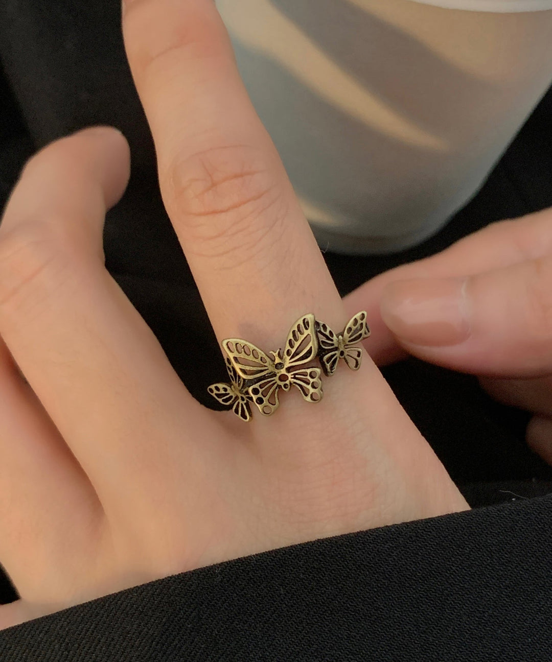 Fine Ancient Gold Metal Butterfly Crown Hollow Out Rings Two Piece Set