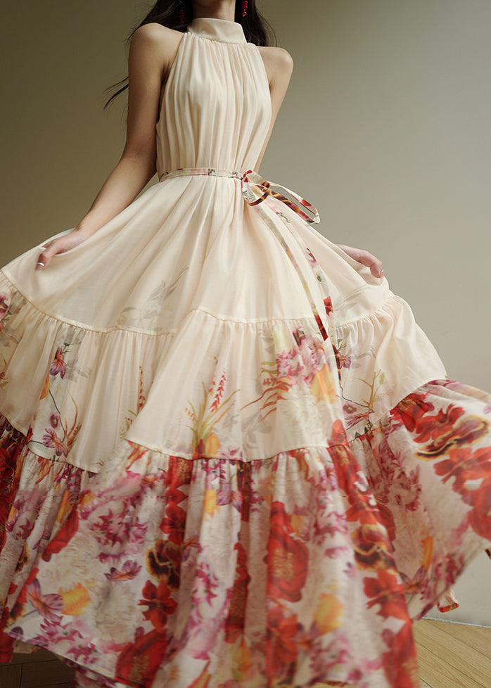 Fine Apricot Print Wrinkled Chiffon Maxi Dresses Summer