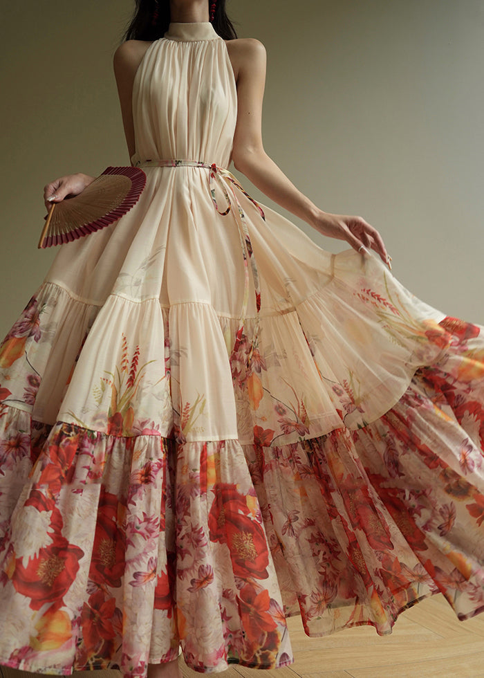 Fine Apricot Print Wrinkled Chiffon Maxi Dresses Summer