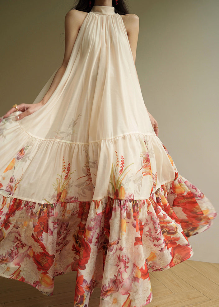 Fine Apricot Print Wrinkled Chiffon Maxi Dresses Summer