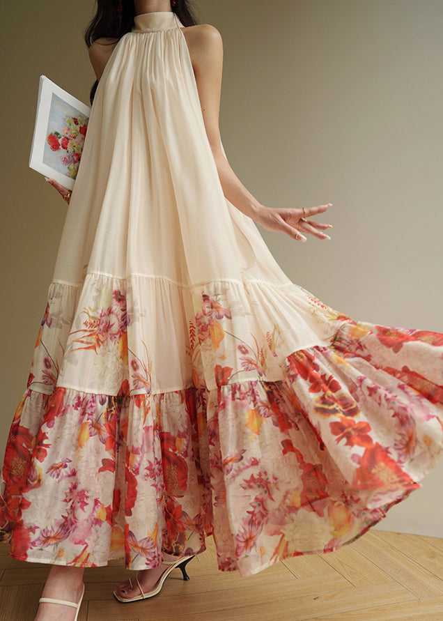 Fine Apricot Print Wrinkled Chiffon Maxi Dresses Summer