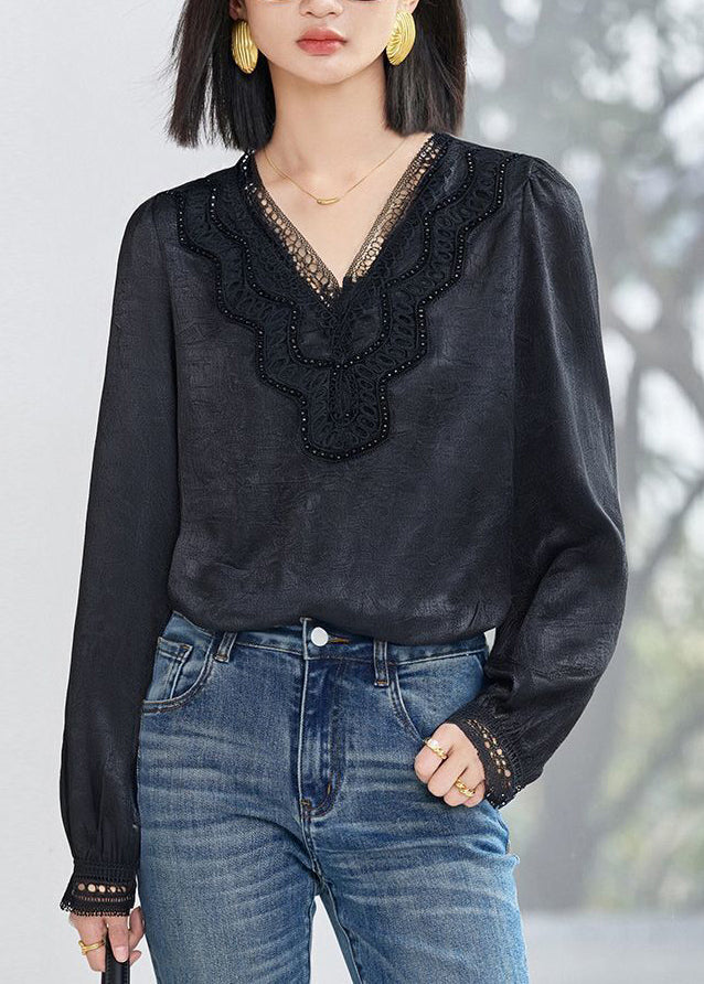 Fine Apricot V Neck Lace Patchwork Silk Tops Fall