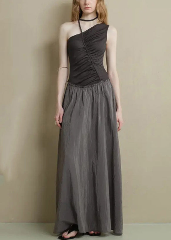 Fine Black Asymmetrical Ruffled Knitting Cotton Patchwork Long Dress Sleeveless