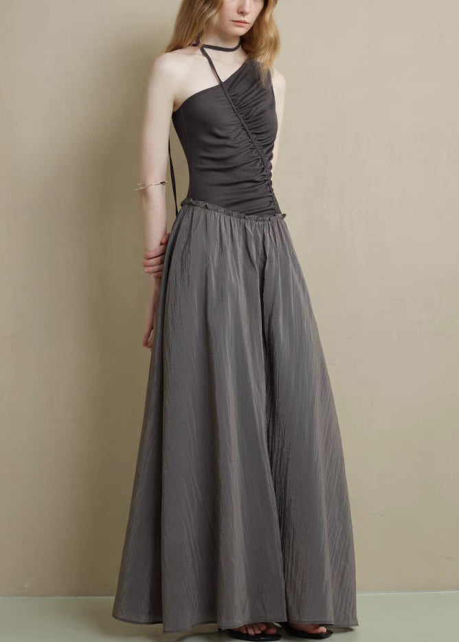 Fine Black Asymmetrical Ruffled Knitting Cotton Patchwork Long Dress Sleeveless