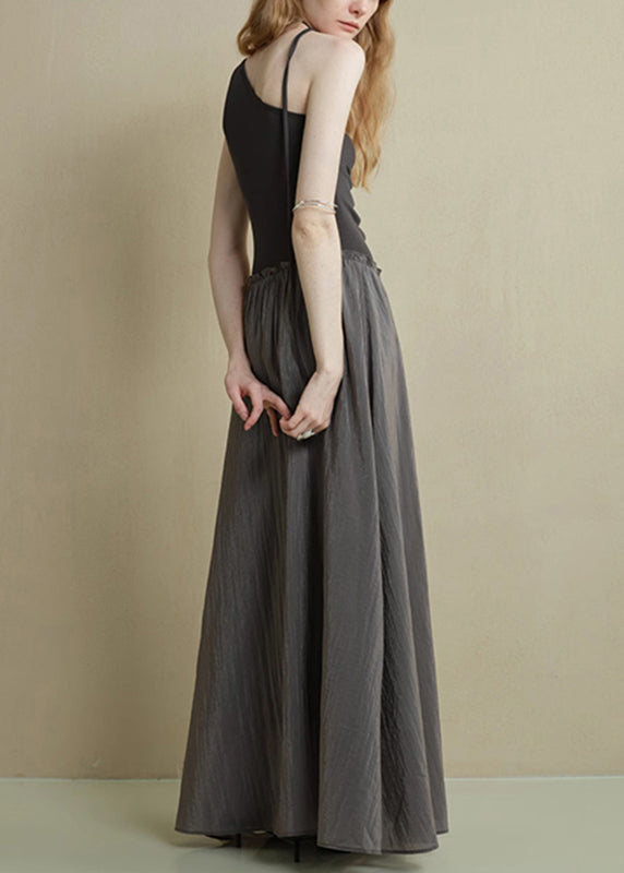 Fine Black Asymmetrical Ruffled Knitting Cotton Patchwork Long Dress Sleeveless