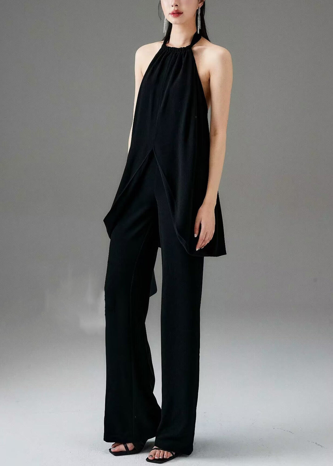 Fine Black Backless Front Open Cotton Two Pieces Set Sleeveless