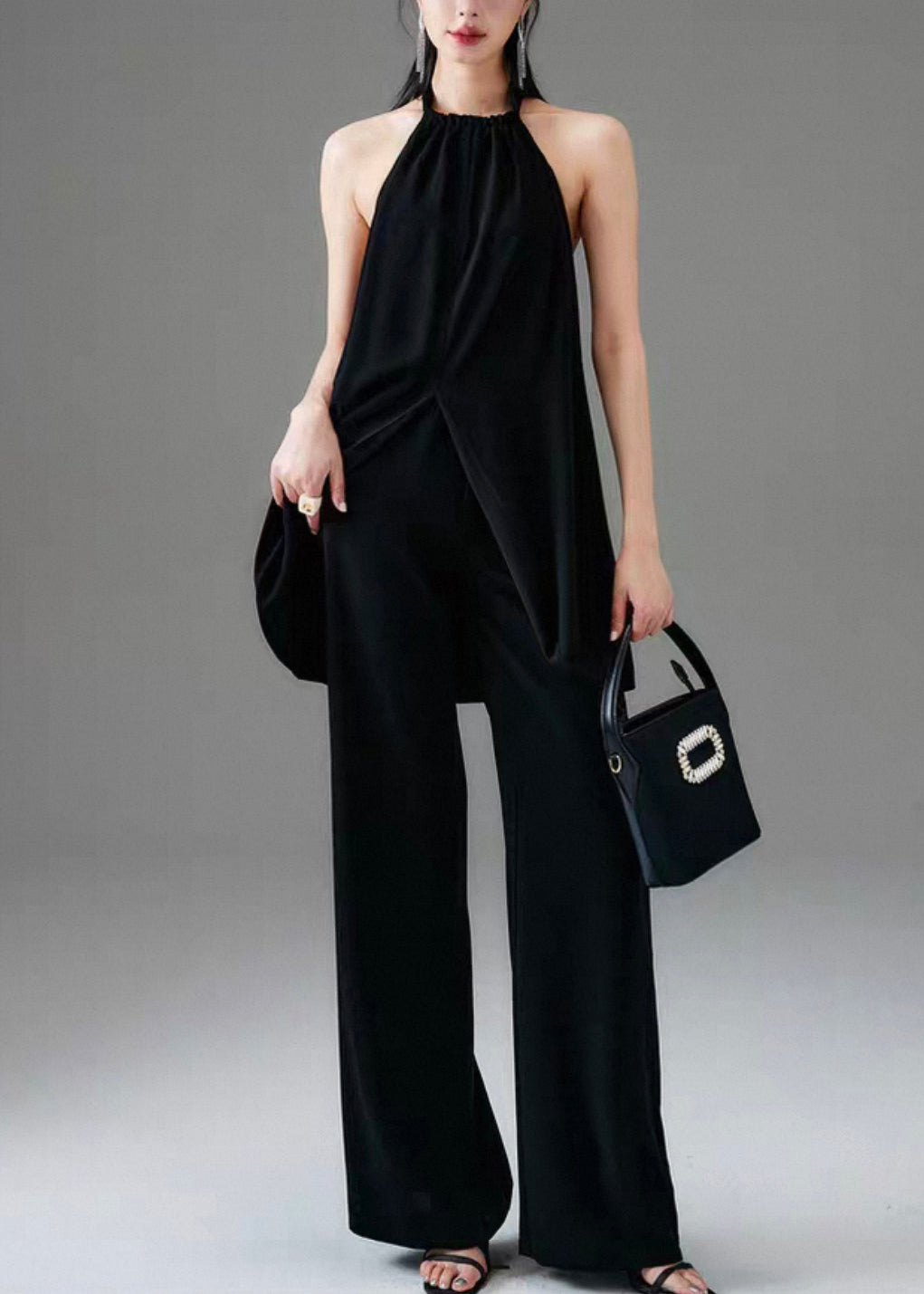 Fine Black Backless Front Open Cotton Two Pieces Set Sleeveless