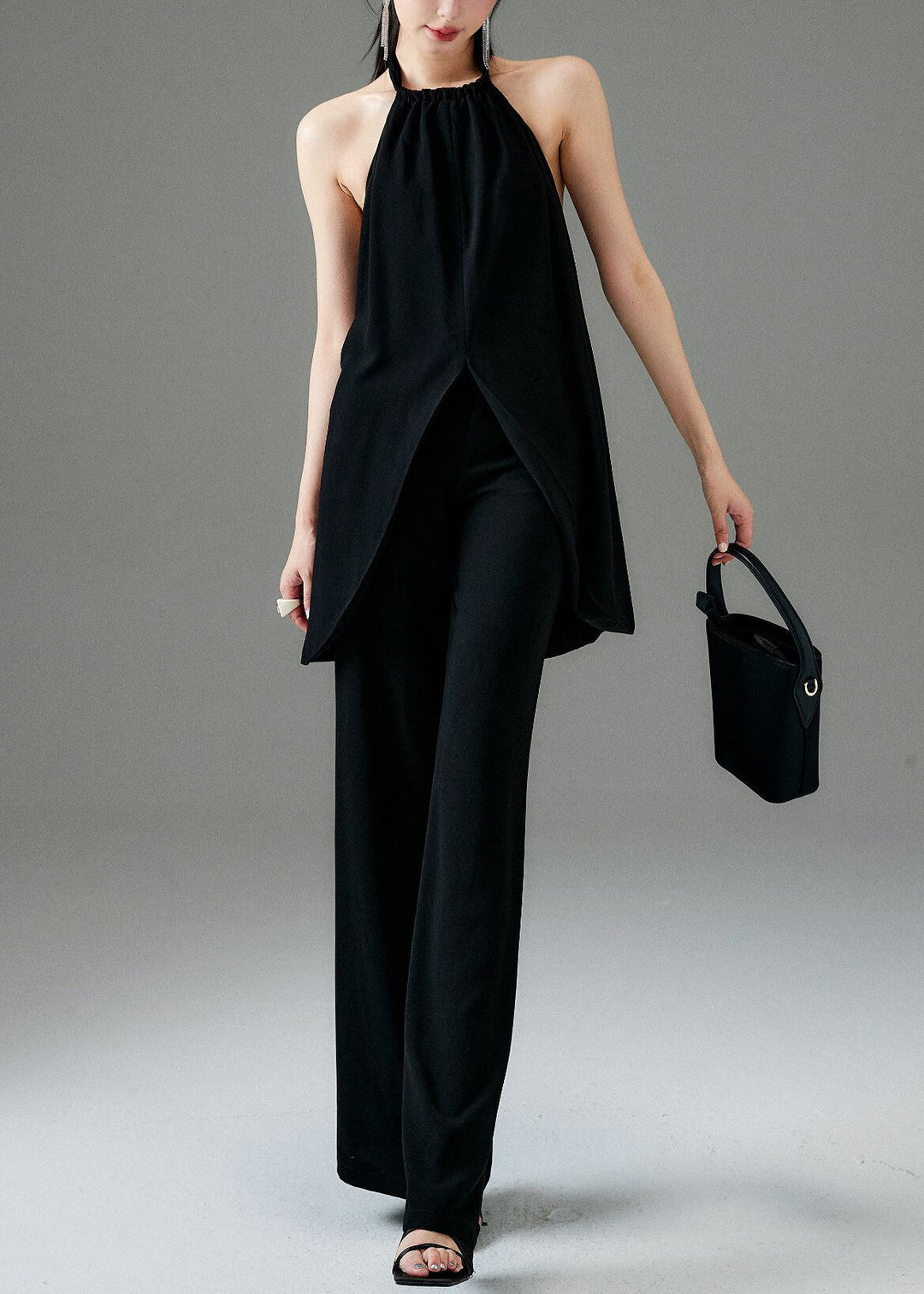 Fine Black Backless Front Open Cotton Two Pieces Set Sleeveless