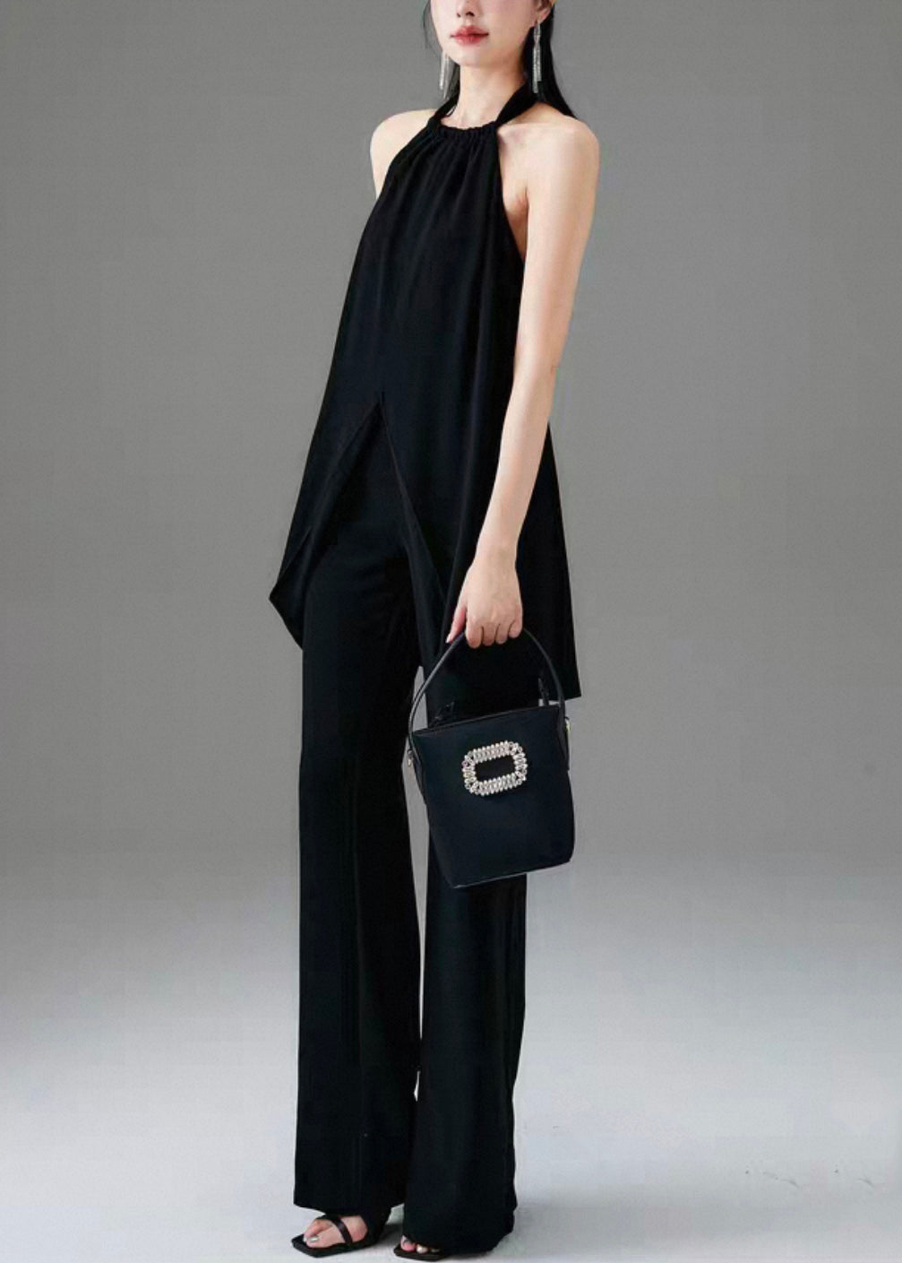 Fine Black Backless Front Open Cotton Two Pieces Set Sleeveless