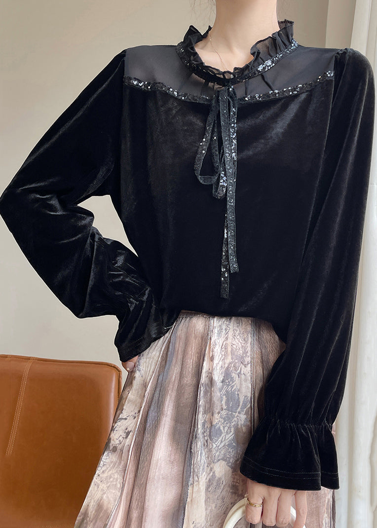 Fine Black Ruffled Lace UpSilk Velour Shirt Flare Sleeve