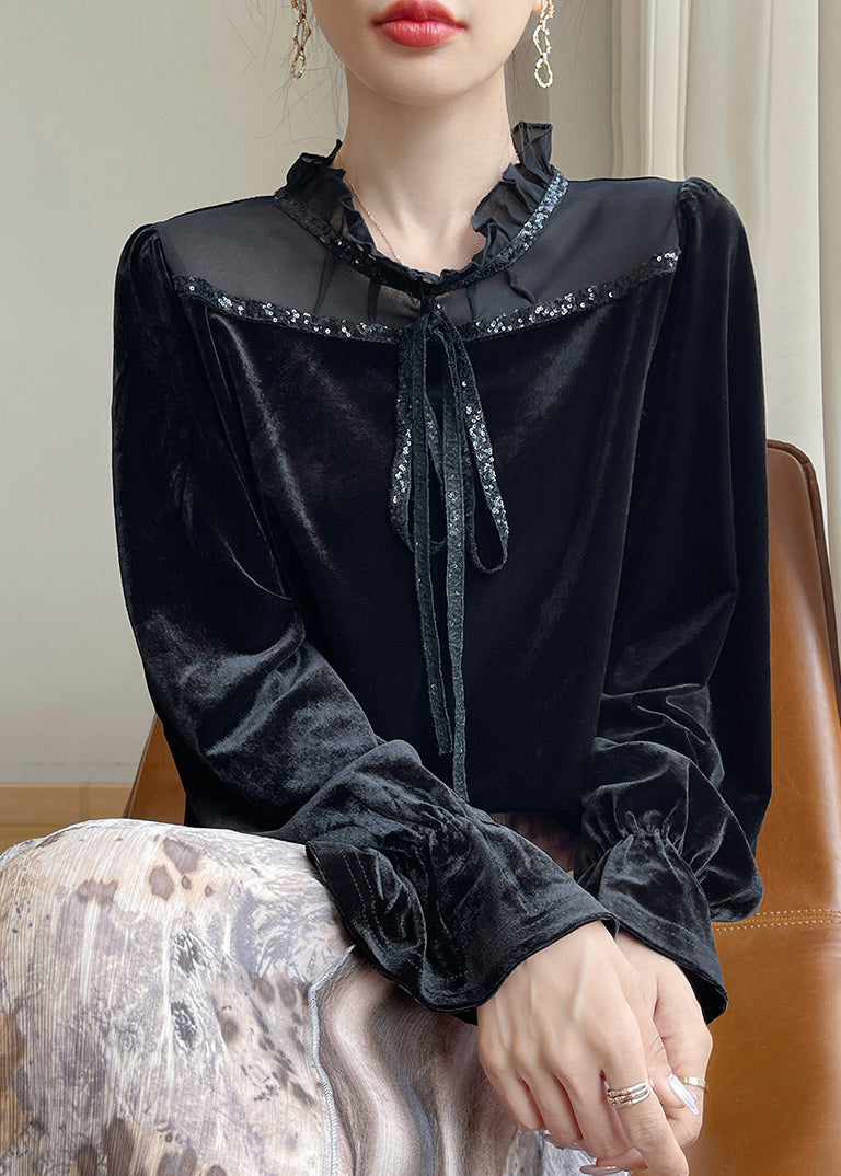 Fine Black Ruffled Lace UpSilk Velour Shirt Flare Sleeve