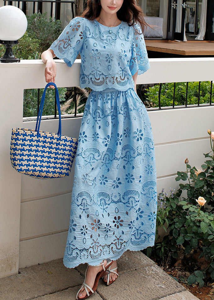 Fine Blue Embroidered Hollow Out Two Piece Set Summer