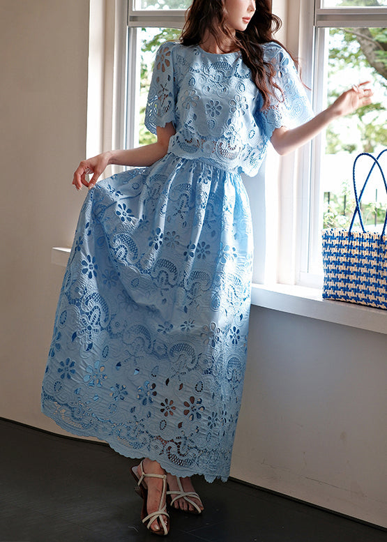 Fine Blue Embroidered Hollow Out Two Piece Set Summer