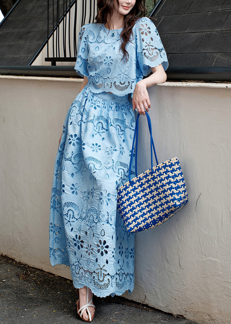 Fine Blue Embroidered Hollow Out Two Piece Set Summer