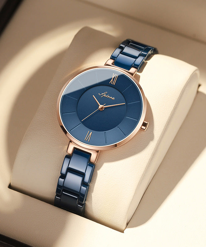 Fine Blue Stainless Steel Ceramics Tempered Glass Watch
