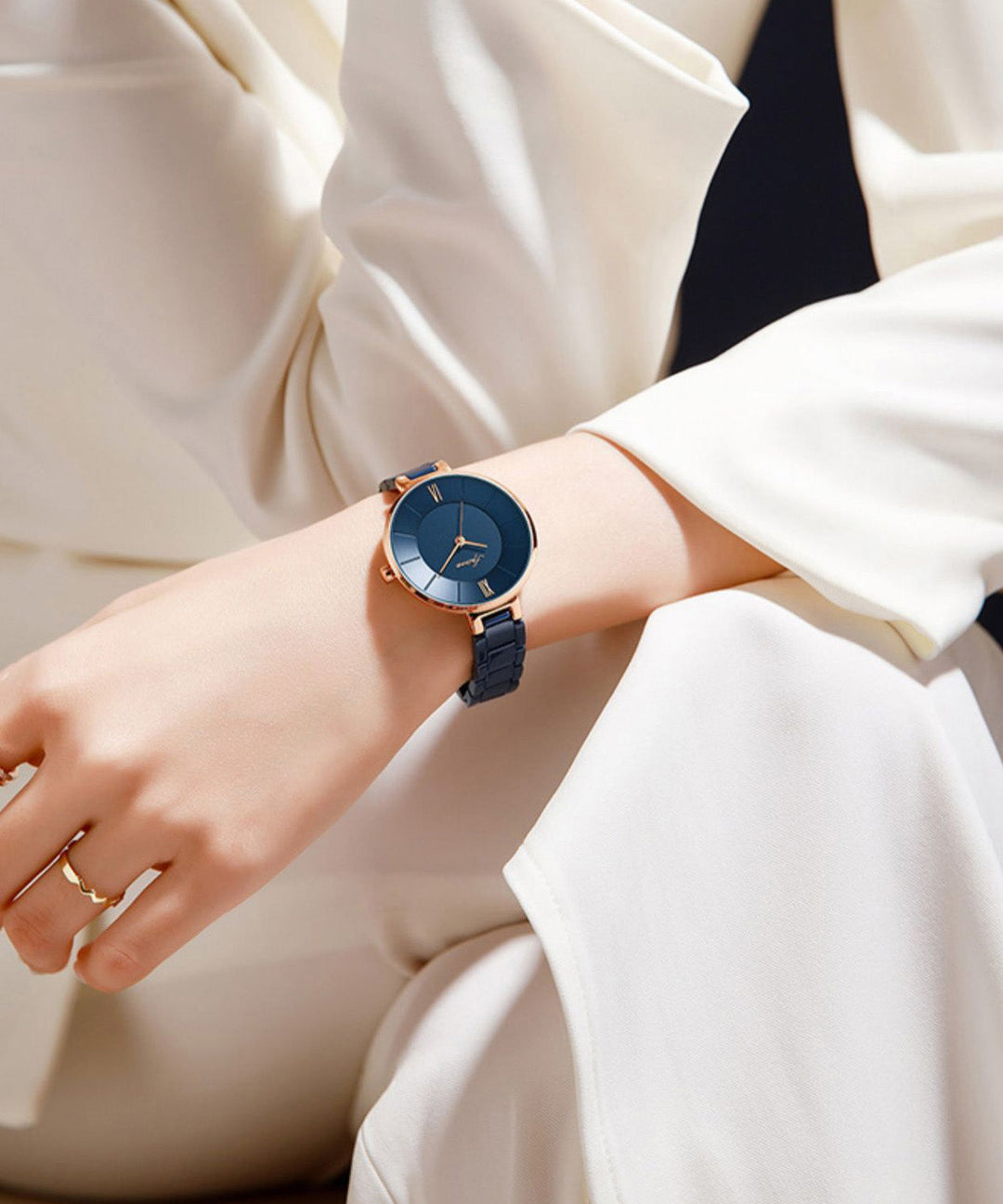 Fine Blue Stainless Steel Ceramics Tempered Glass Watch