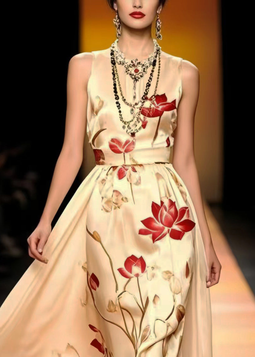 Fine Champagne Print Low High Design Silk Vestidos Dresses Sleeveless