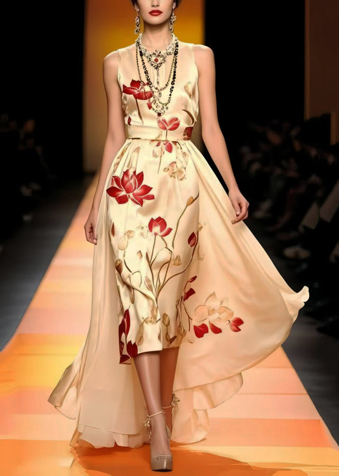 Fine Champagne Print Low High Design Silk Vestidos Dresses Sleeveless