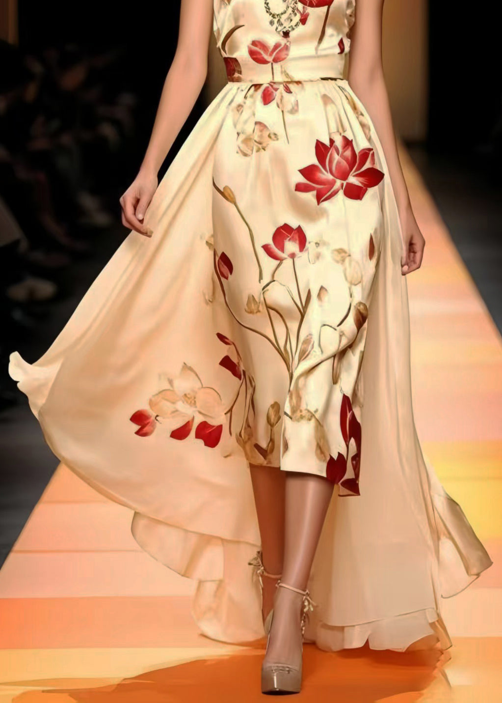 Fine Champagne Print Low High Design Silk Vestidos Dresses Sleeveless