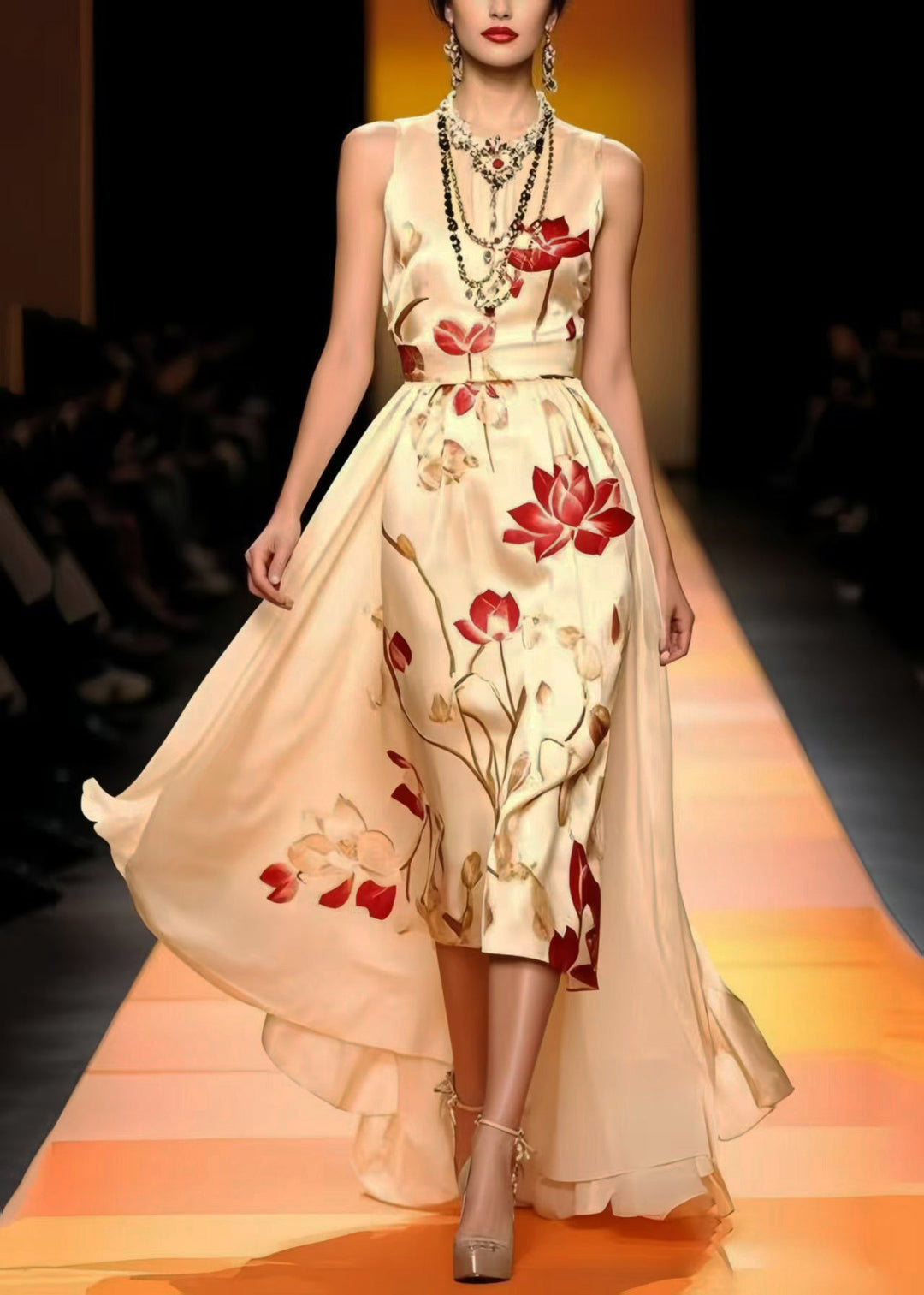 Fine Champagne Print Low High Design Silk Vestidos Dresses Sleeveless