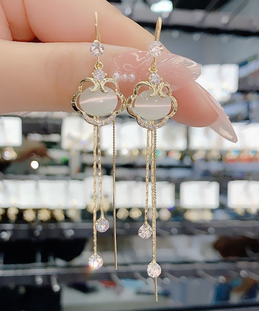 Fine Gold Copper Zircon Cat's Eye Stone Safety Lock Tassel Drop Earrings