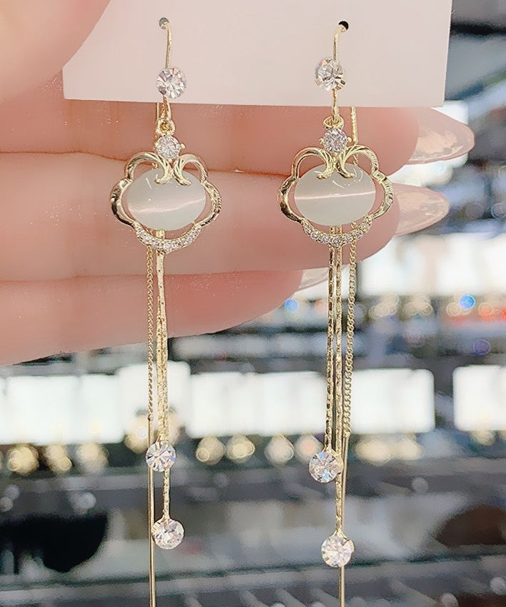 Fine Gold Copper Zircon Cat's Eye Stone Safety Lock Tassel Drop Earrings