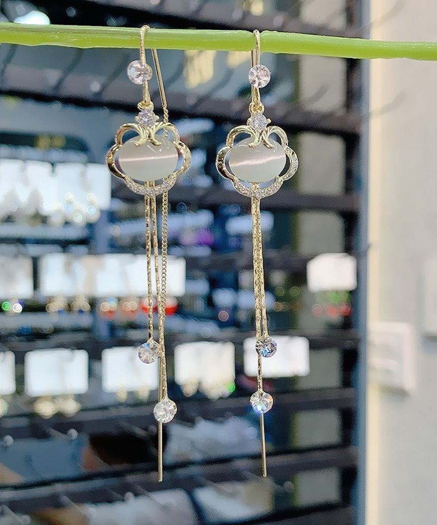 Fine Gold Copper Zircon Cat's Eye Stone Safety Lock Tassel Drop Earrings