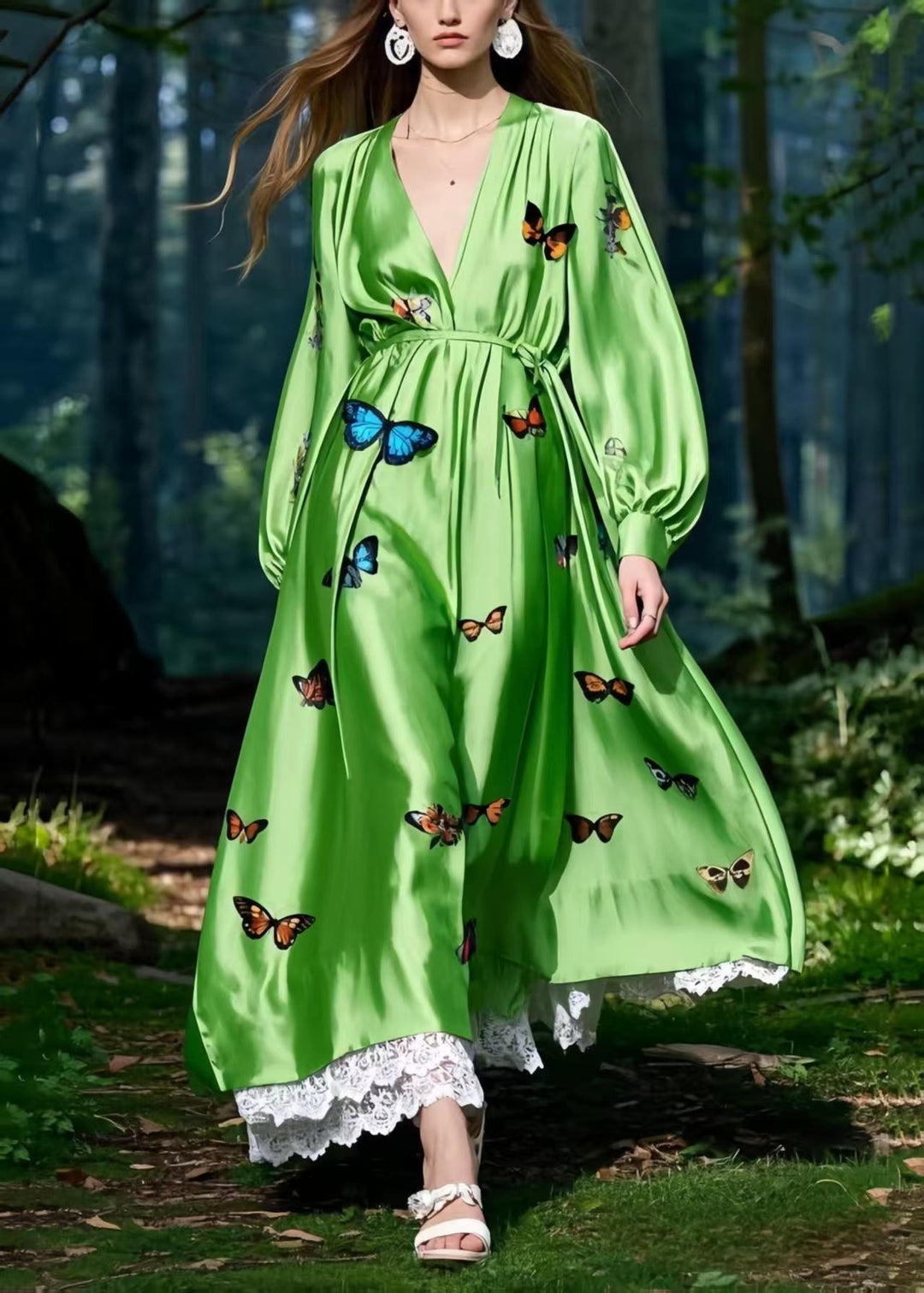 Fine Grass Green Butterfly Patchwork Lace Silk Maxi Dress Spring