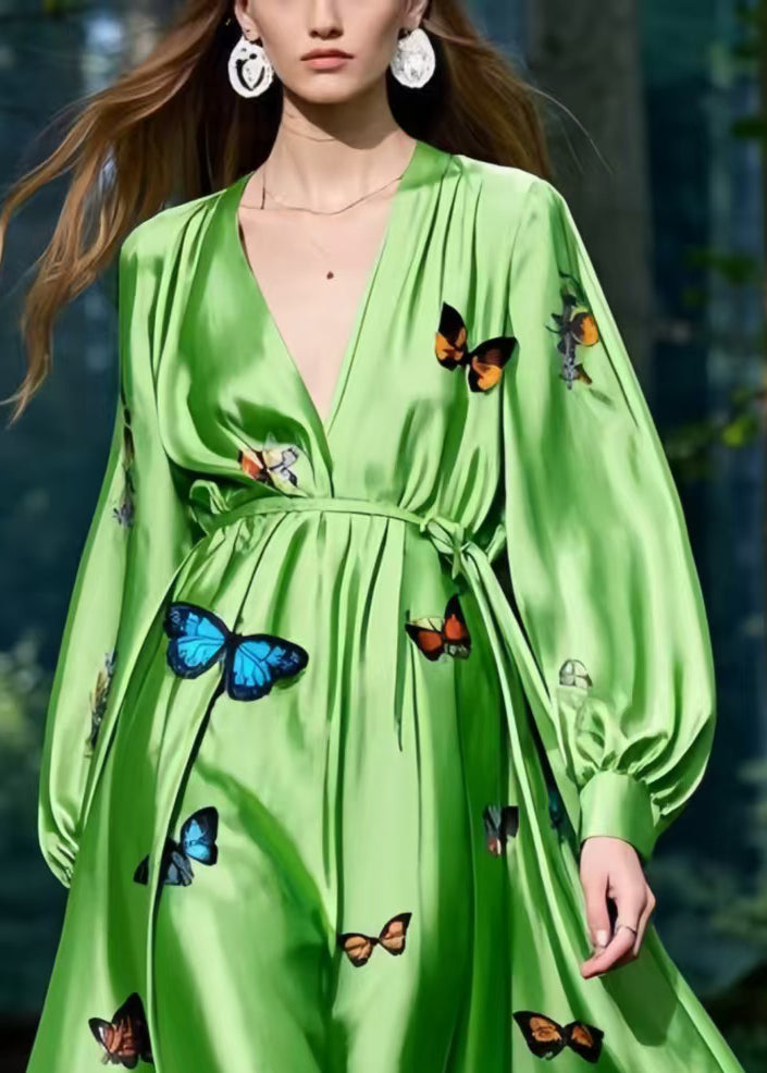 Fine Grass Green Butterfly Patchwork Lace Silk Maxi Dress Spring