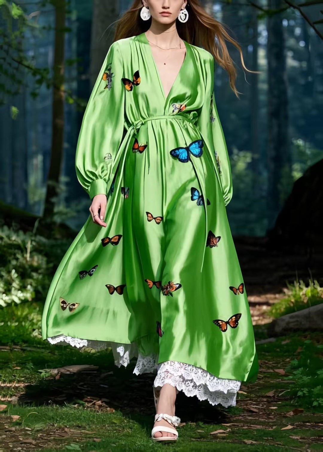 Fine Grass Green Butterfly Patchwork Lace Silk Maxi Dress Spring